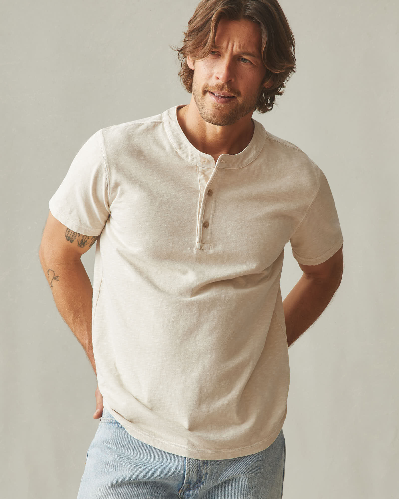 Men's Broken-In Premium Slub Henley - Washed Creme Brulee - Image 4