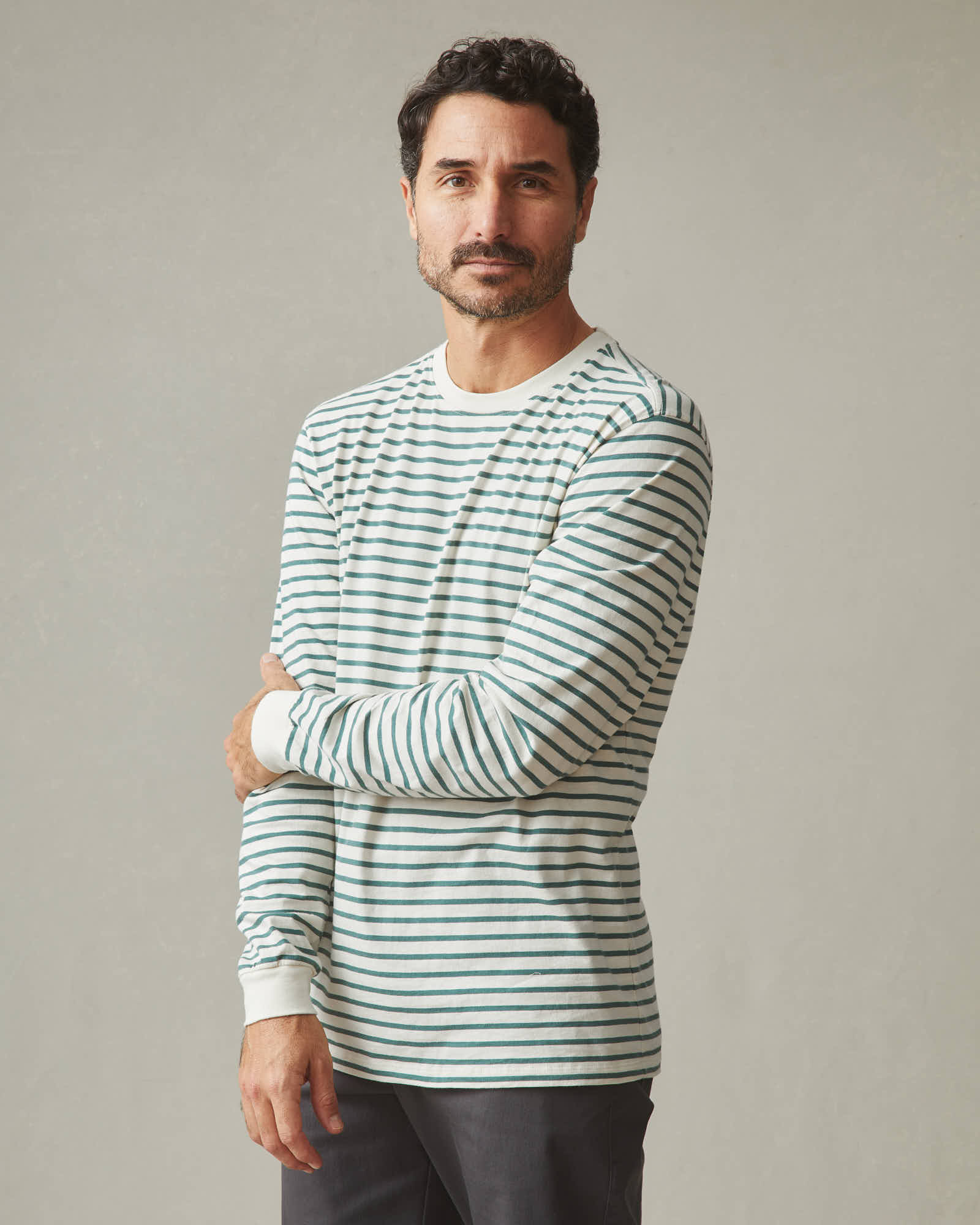 Men's Standard Crew Long Sleeve Tee - Sagebrush Green Stripe - Image 2
