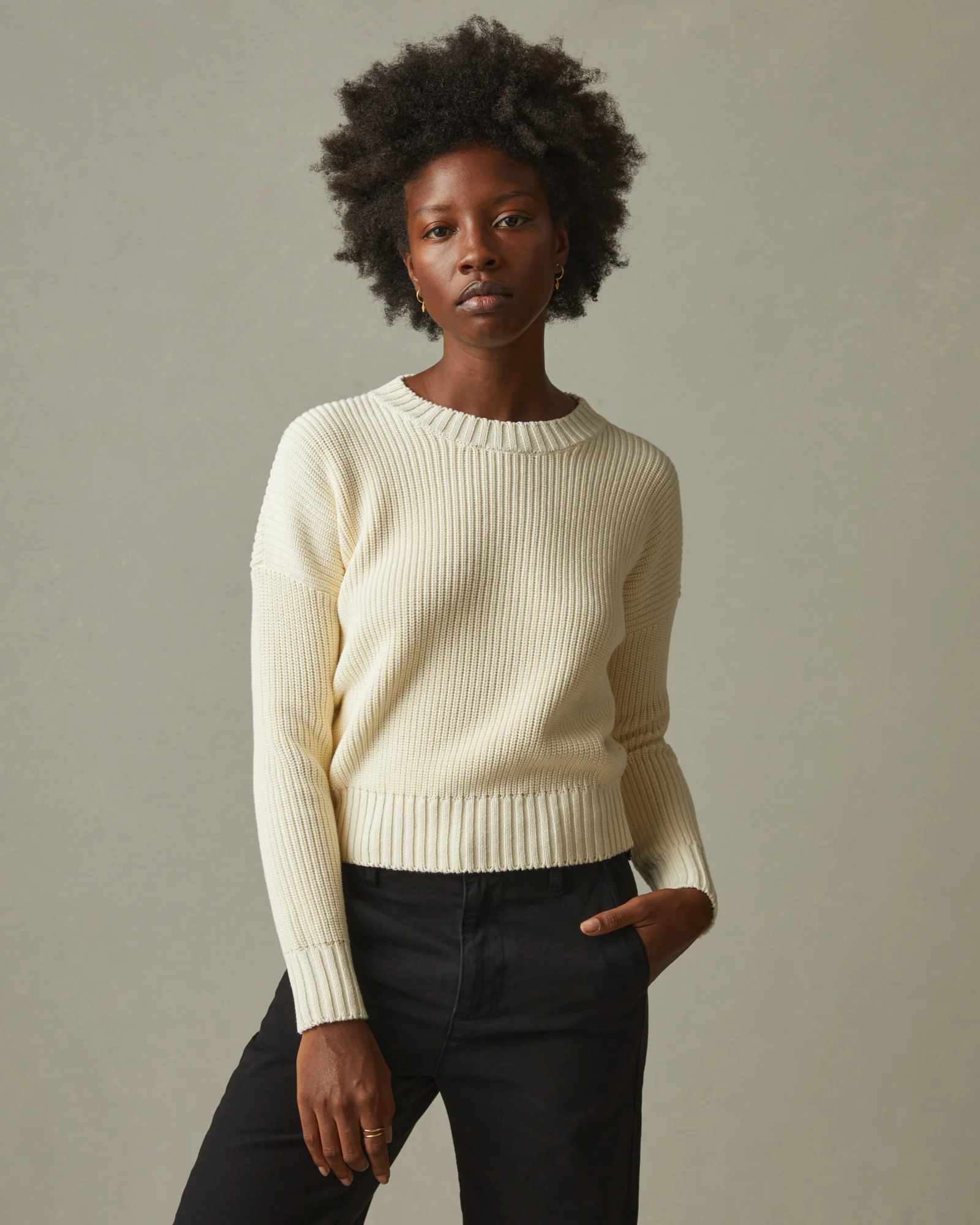 Women's Chunky Cotton Crew Sweater - Creme