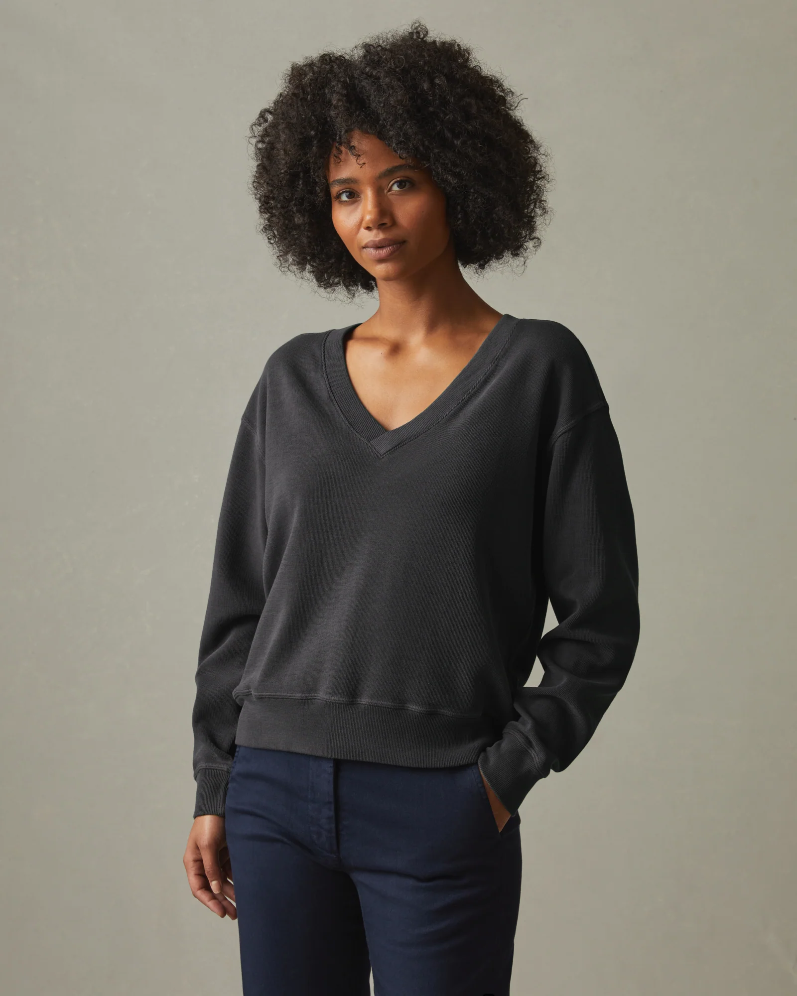 Women's Cotton V-Neck Sweater - Stone