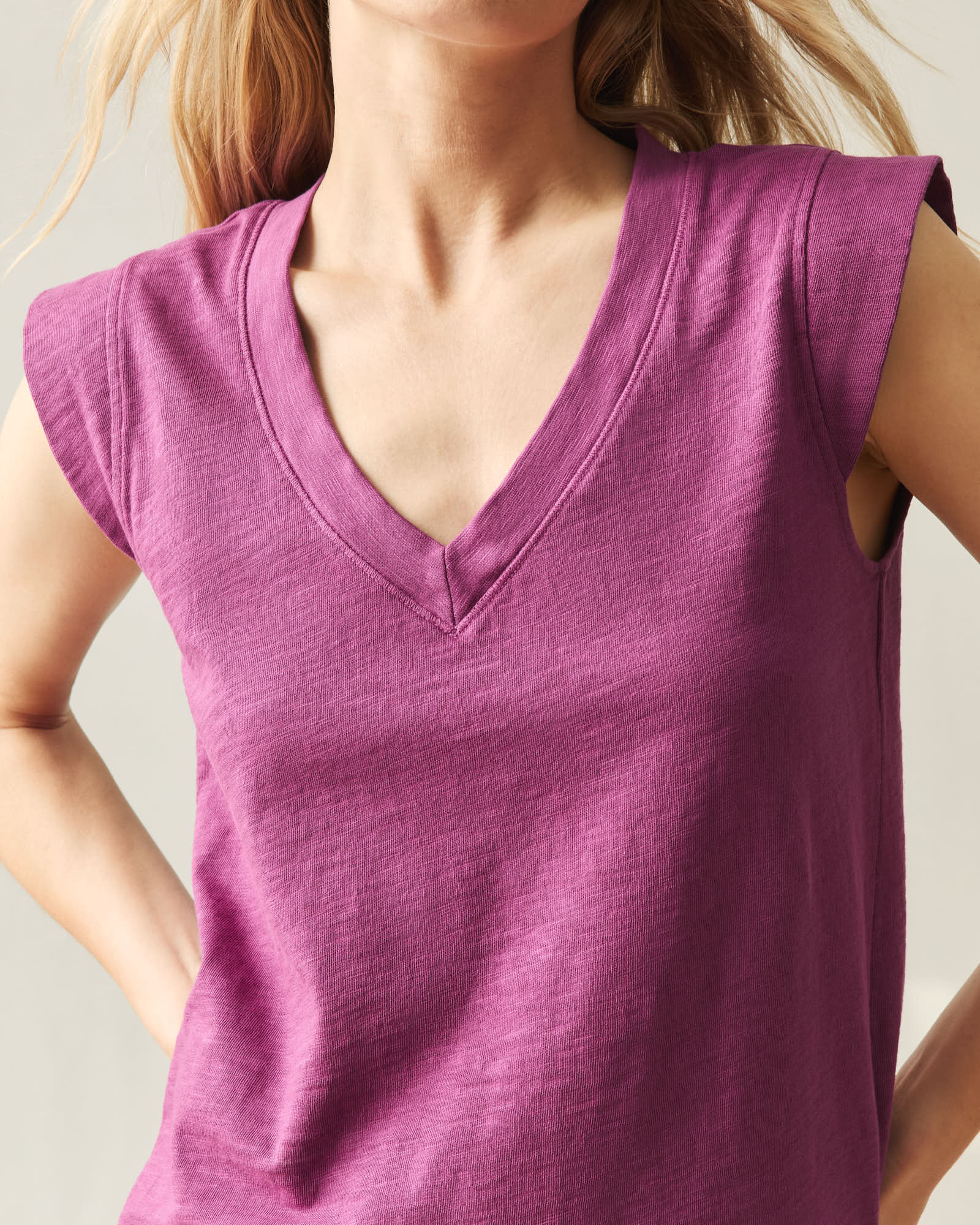 Women's Premium Slub Cap Sleeve V-Neck - Damson - Image 4