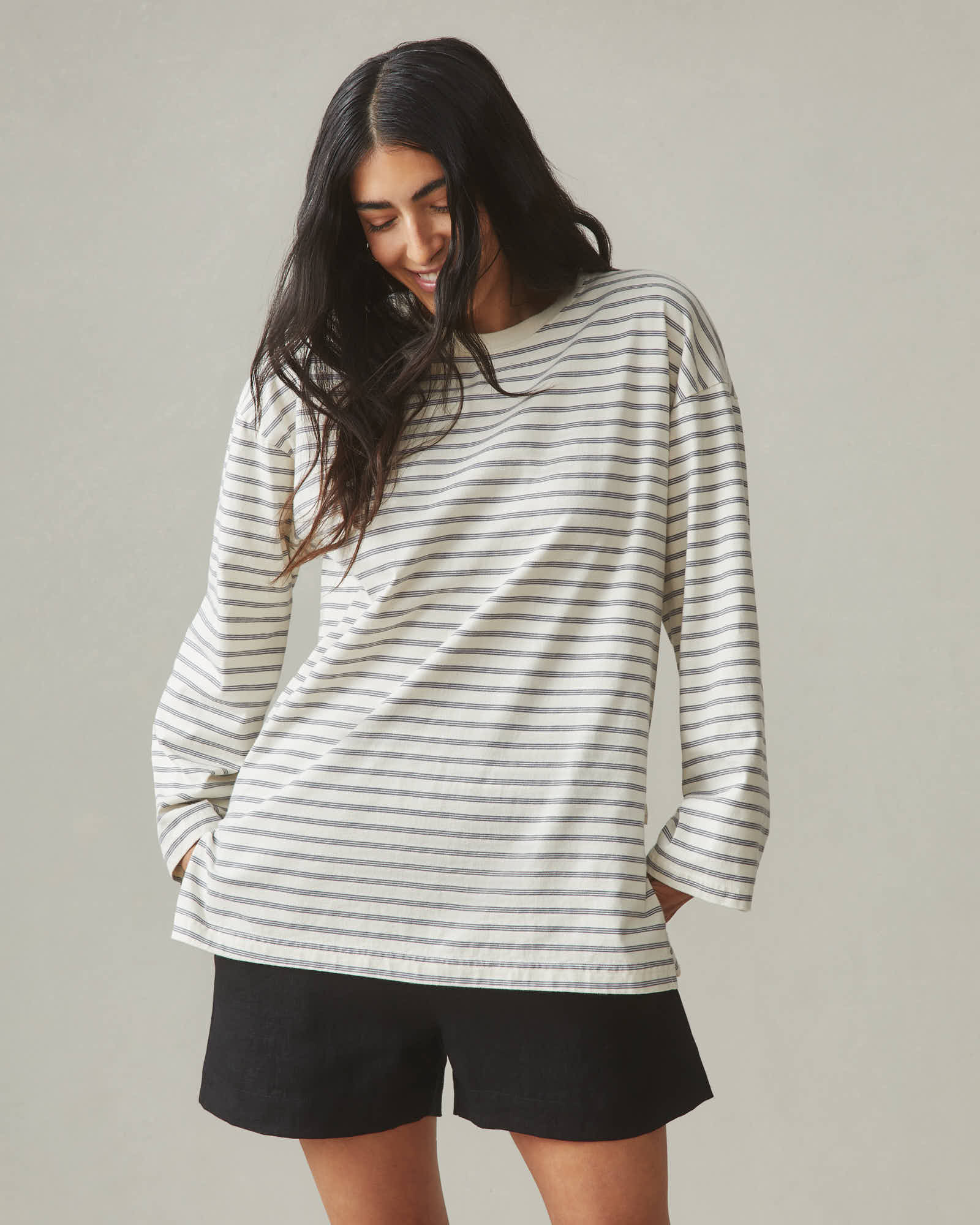 Women's Relaxed Cotton Long Sleeve - Striped - Flint Stone Stripe - Image 2