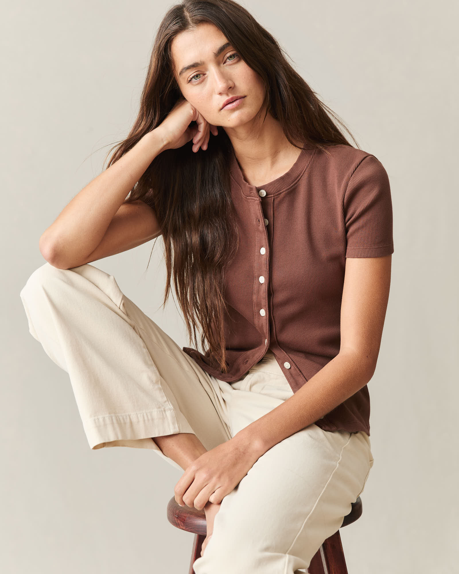 Women's Rib Cardigan Tee - Downtown Brown - Image 5